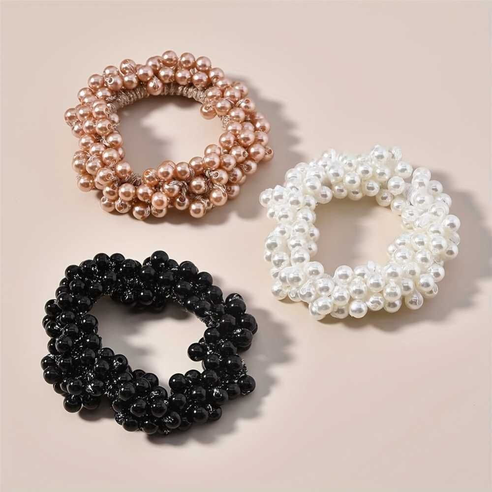 3pcs Elegant Faux Pearl Beaded Hair Ties Set Elastic Ponytail Holders