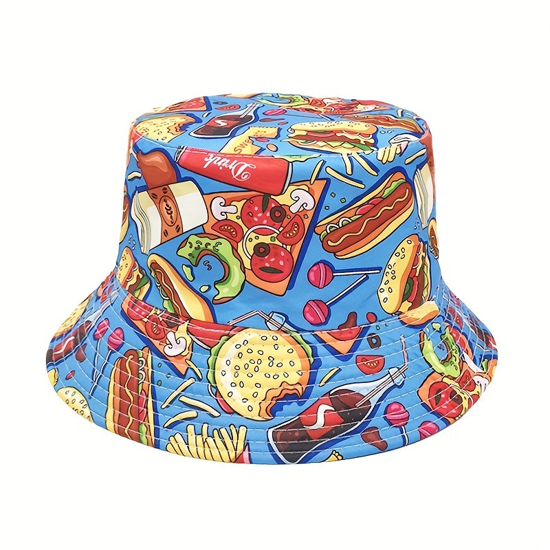 Unisex Sunshade Bucket Hat with Hamburger and Cola Print Double-sided Sun Hat