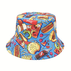 Unisex Sunshade Bucket Hat with Hamburger and Cola Print Double-sided Sun Hat