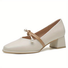 Faux Pearl Chunky Heel Pumps, All Match Dress Shoes