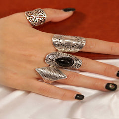 Women&rsquo;s Obsidian Stacked Rings Combo Hip Hop Rock Style Vintage 4PC