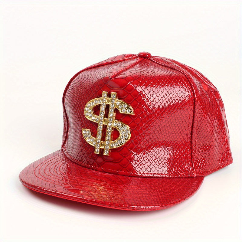 Leather Hip Hop Flat Brim Hat Dollar Point Drill Crocodile Print Baseball Cap