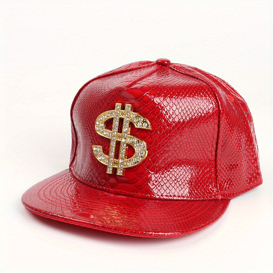 Leather Hip Hop Flat Brim Hat Dollar Point Drill Crocodile Print Baseball Cap