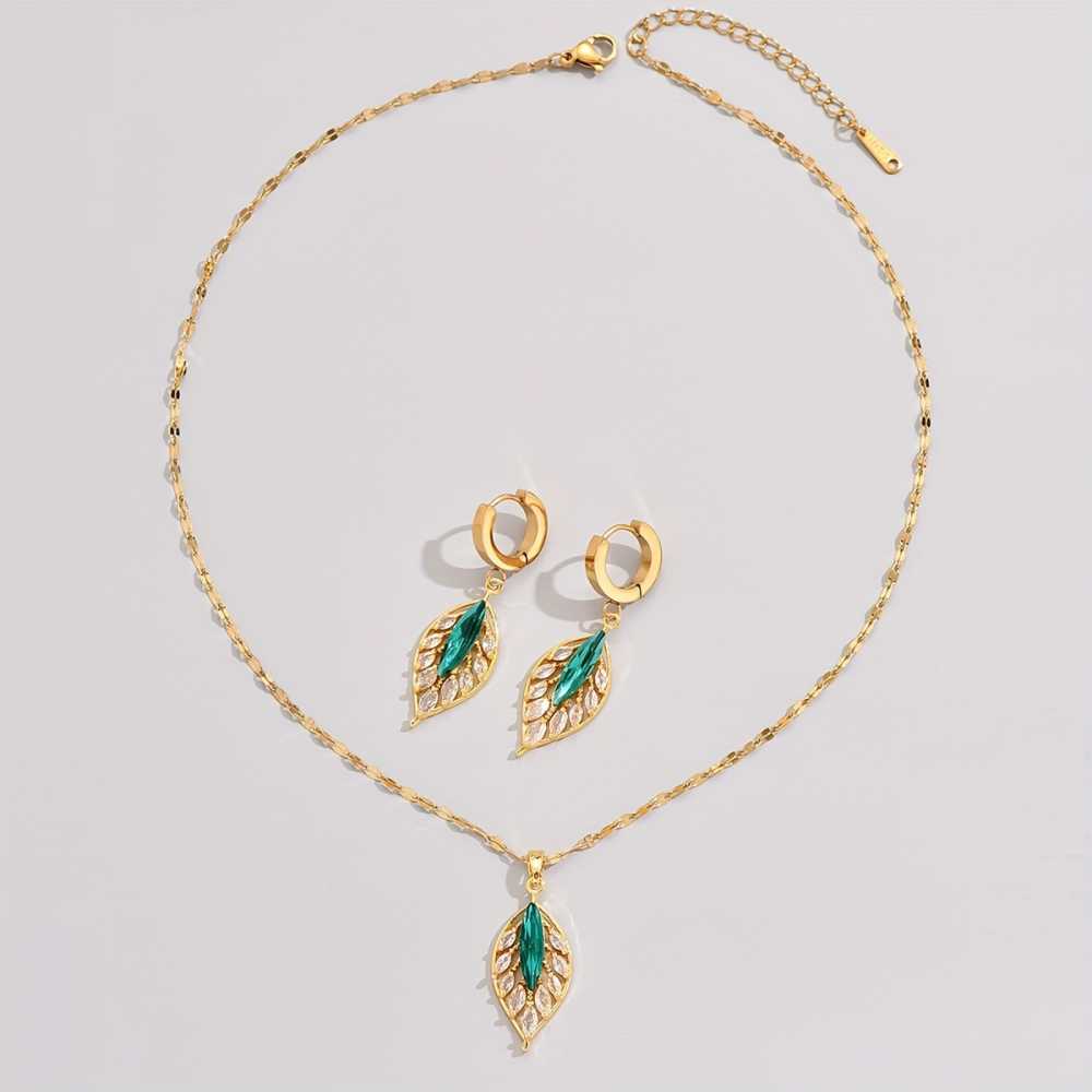 Gold Plated Green Inlaid Rhinestone Leaf Earrings and Necklace Set