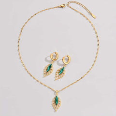 Gold Plated Green Inlaid Rhinestone Leaf Earrings and Necklace Set