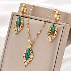 Gold Plated Green Inlaid Rhinestone Leaf Earrings and Necklace Set
