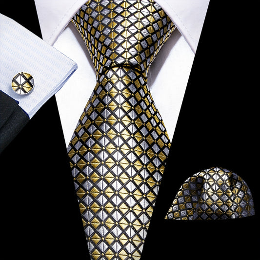 Barry Wang Men's Plaid Tie Cufflinks Handkerchief Set