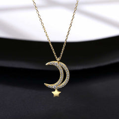 Women's Silver Plated Moon And Star Necklace With 18-Inch Chain