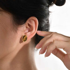 Women's Gold Plated Tiger Eye Stone Earring With Pushback closure