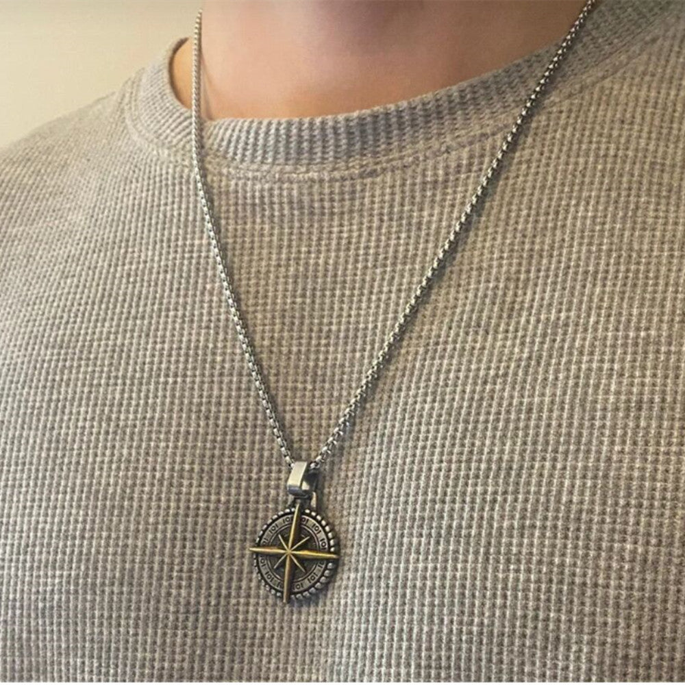 Men's Stainless Steel Compass Cross Pendant Necklace With Coin Design