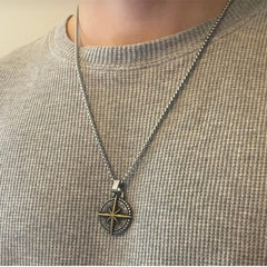 Men's Stainless Steel Compass Cross Pendant Necklace With Coin Design