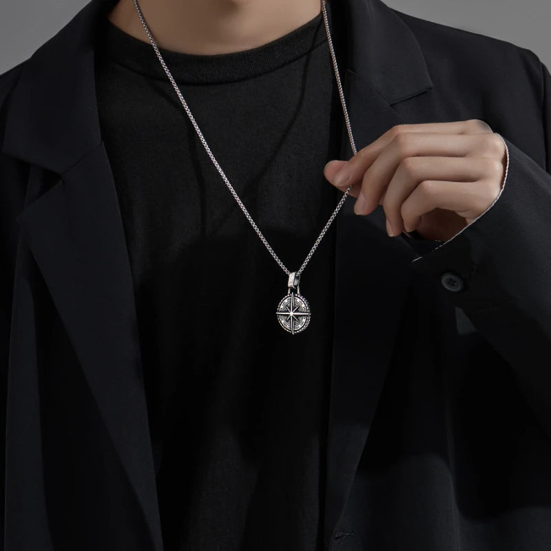Men's Stainless Steel Compass Cross Pendant Necklace With Coin Design
