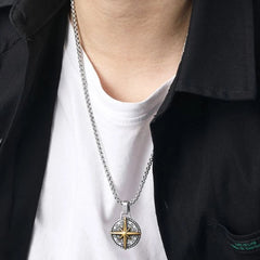 Men's Stainless Steel Compass Cross Pendant Necklace With Coin Design