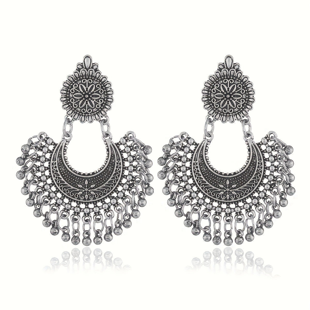 Women's Silver Plated Floral Crescent Earrings with Dangling Beads