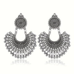 Women's Silver Plated Floral Crescent Earrings with Dangling Beads