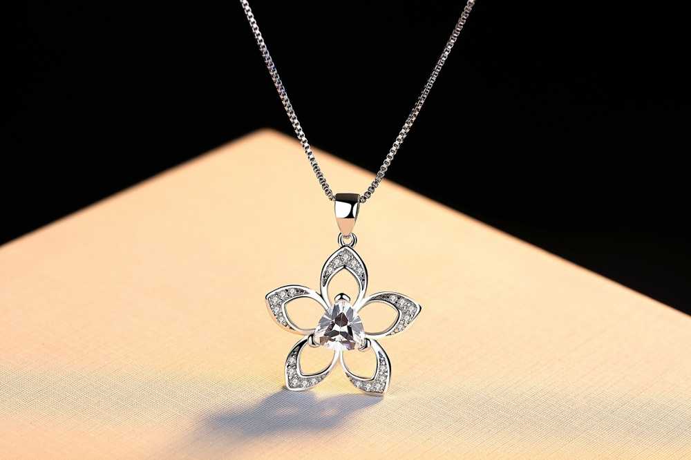 Women's Silver Plated Trillion Cut Crystal Flower Necklace