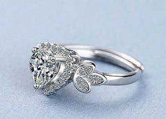 Women's Silver Plated Heart And Floral Petal Open Ring