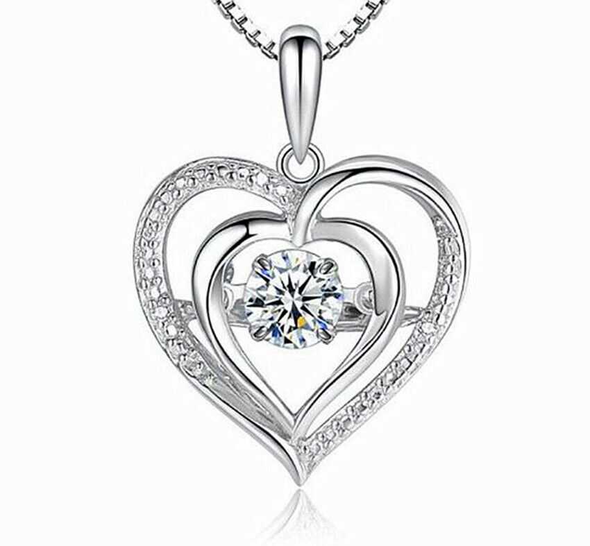 Women's Silver Plated Cubic Zirconia Double Heart Necklace Pendant