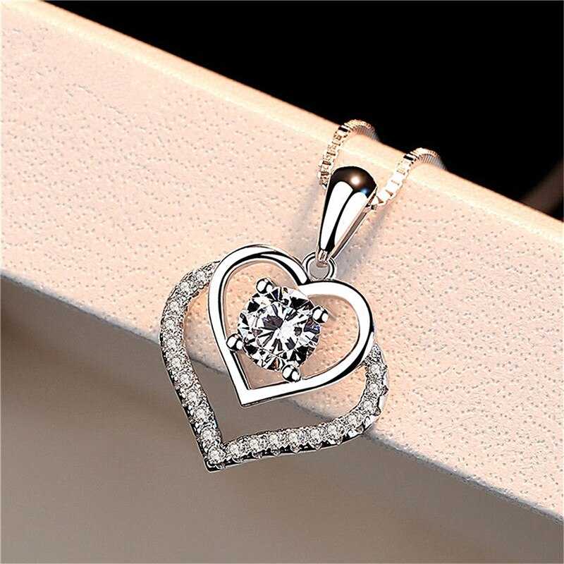 Women's Double Heart Zirconia Silver Plated Necklace