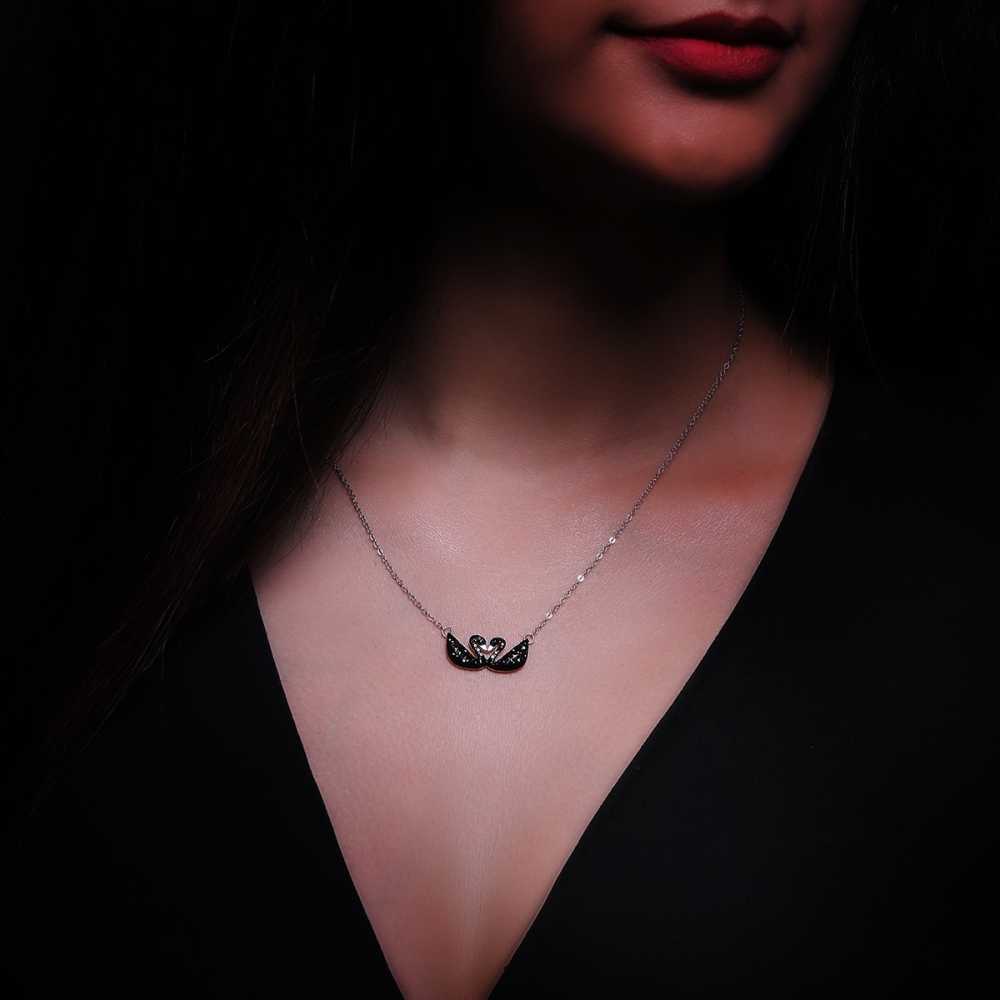 Women's Silver Plated Black Swan Pendant Necklace With Zirconia