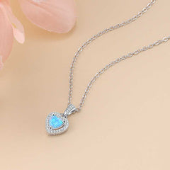 Women's Silver Plated Opal Heart Pendant With Chain