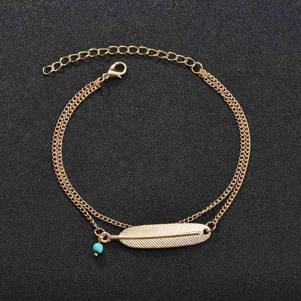 Women's Two Row Boho Style Curb Chain Feather Anklet With Tiny Bead