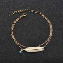 Women's Two Row Boho Style Curb Chain Feather Anklet With Tiny Bead