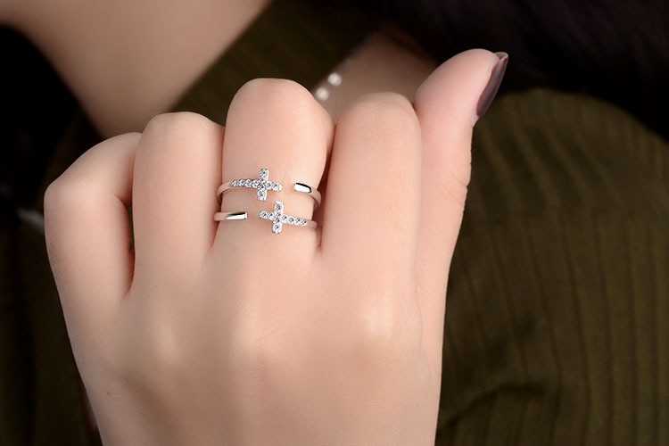Women's Silver Plated Cross Open Ring With Cubic Zirconia