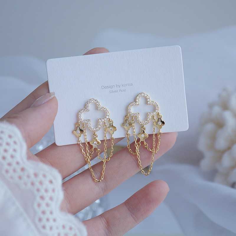 Women's Floral Chain Tassel Drop Earrings With Cubic Zirconia