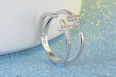 Women's Silver Plated Cross Open Ring With Cubic Zirconia