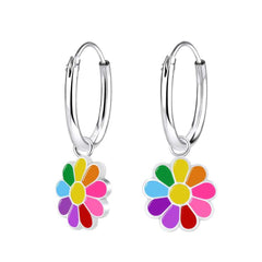 Kid's Sterling Silver Daisy Flower Dangle Drop Hoop Earrings