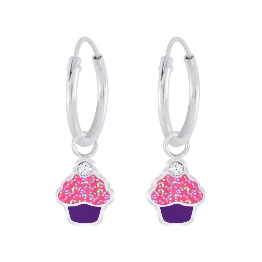 Kid's Sterling Silver Cupcake Crystal Charm Hoop Earrings