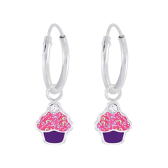 Kid's Sterling Silver Cupcake Crystal Charm Hoop Earrings