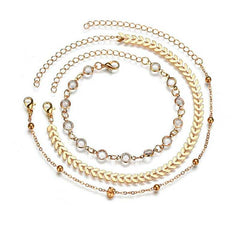 Women's Three Layer Boho Cultured Bead And Chain Anklet