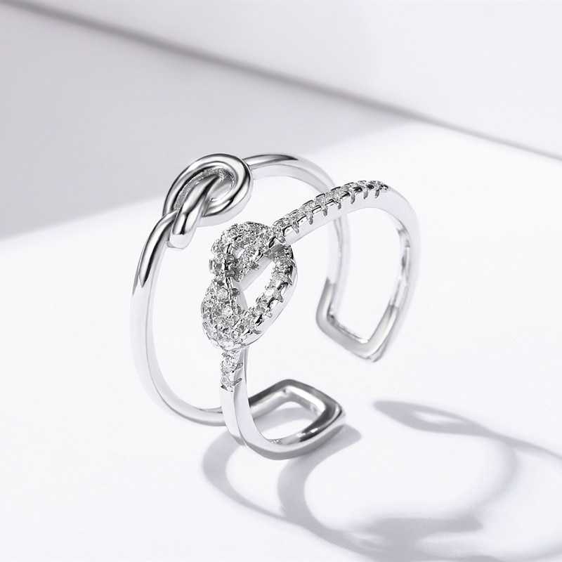 Women's Silver Plated Knotted Heart Open Ring With Zirconia