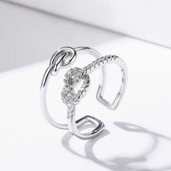 Women's Silver Plated Knotted Heart Open Ring With Zirconia