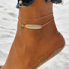 Women's Two Row Boho Style Curb Chain Feather Anklet With Tiny Bead