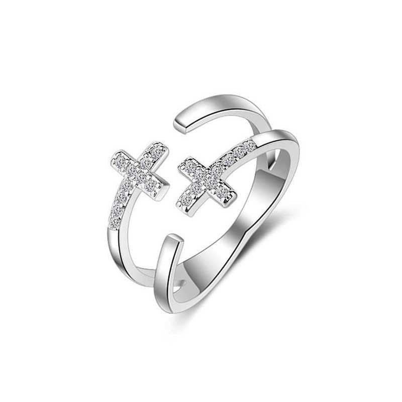 Women's Silver Plated Cross Open Ring With Cubic Zirconia