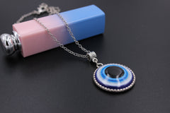 Unisex Silver Plated Chain Necklace With Vintage Blue Eye Round Pendant