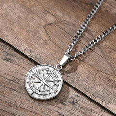 Men's Stainless Steel Compass Cross Pendant Necklace With Coin Design