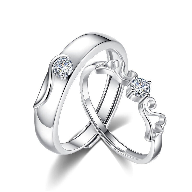Women's Silver Plated Couple Angel Wing Rings With Cubic Zirconia Stones