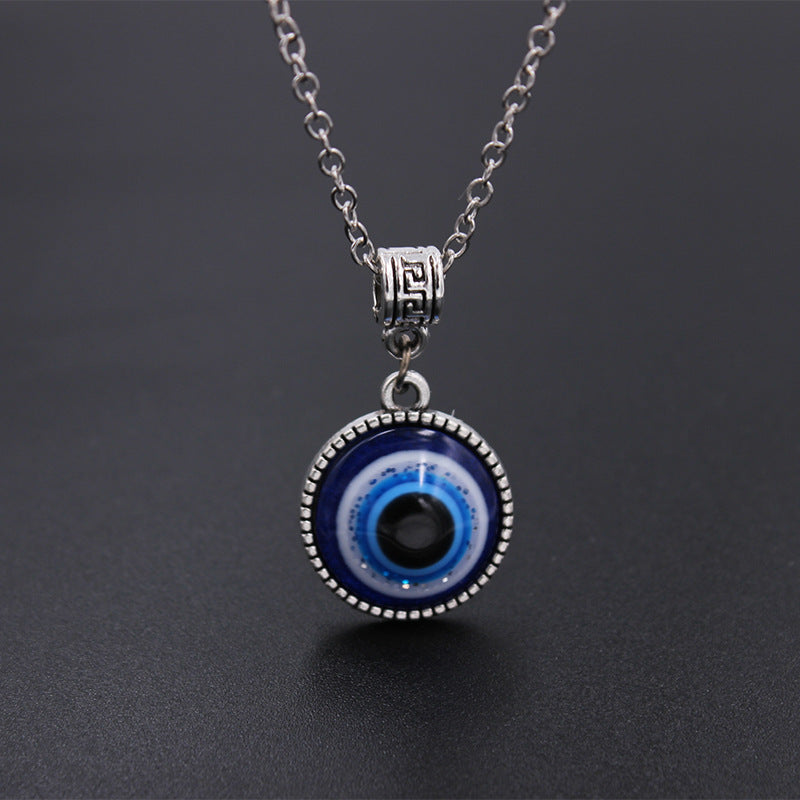 Unisex Silver Plated Chain Necklace With Vintage Blue Eye Round Pendant