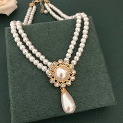 Women's Double Layered Pearl Choker With Pearl Drop Pendant