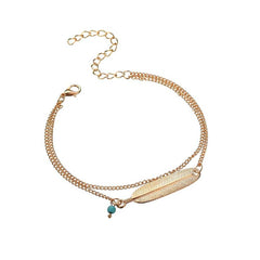 Women's Two Row Boho Style Curb Chain Feather Anklet With Tiny Bead