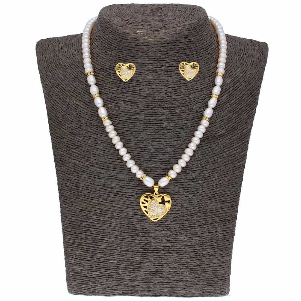 Freshwater Pearl Necklace With Gold Plated Pendant And Stud Earring