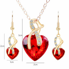 Women's Heart Shaped Crystal Pendant With Chain And Earring In Red