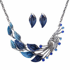 Women's Blue Enamel Pendant Necklace With Earring In Silver Tone
