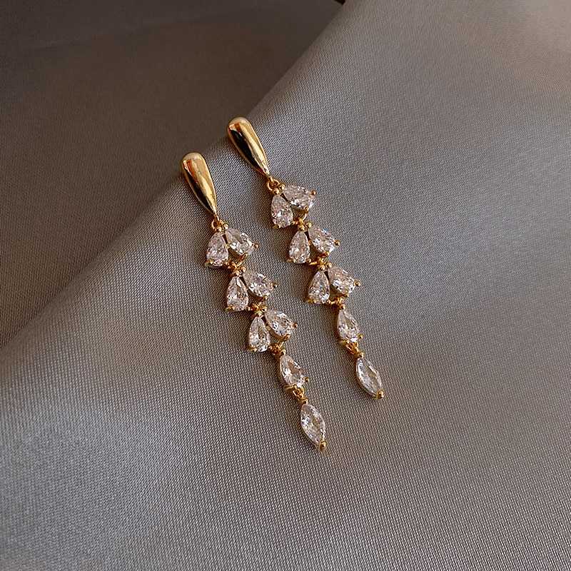 Women's Tassel Leaf Drop Earrings Studded With Zirconia
