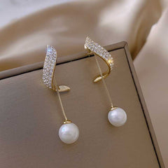 Women's Pearl Tassel Drop Earrings Studded With Rhinestones