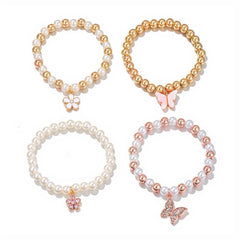 4pcs Cute Butterfly Daisy Heart Pendant Faux Pearl Beaded Bracelet Set